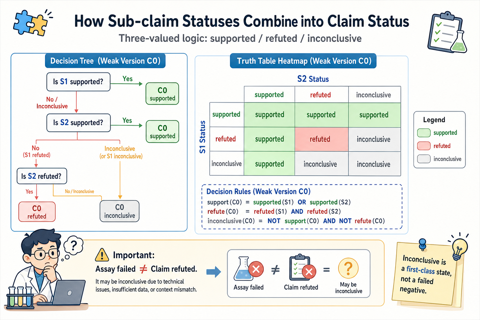 Sub-claim 状态如何组合为 Claim 状态(弱版本):C0 在 S1 或 S2 为 supported 时支持,仅在二者均为 refuted 时拒绝,其余为 inconclusive